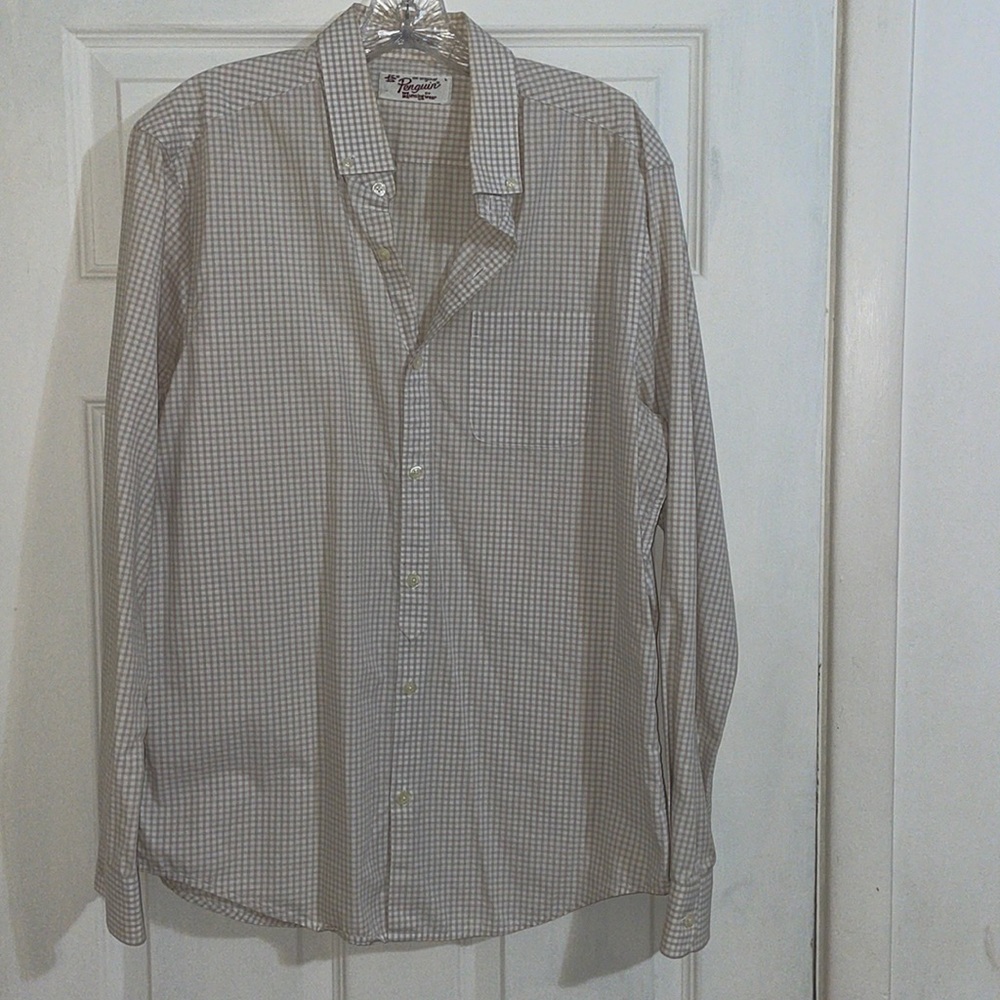 Men’s Penguin Casual Button Down Shirt, Large, White/Light Brown